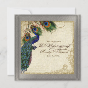 Peacock & Feather Formal Wedding Invite Silver