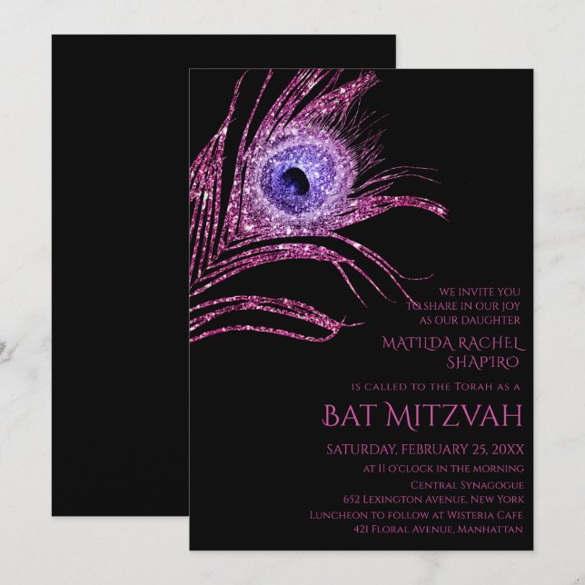 Peacock Feather Glitter Pink Bat Mitzvah Logo Invitation (Front/Back)