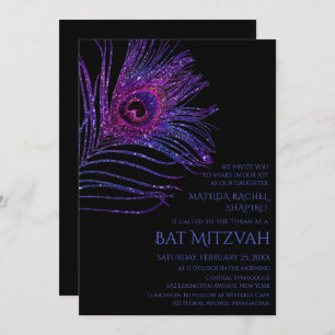 Peacock Feather Glitter Purple Bat Mitzvah Logo Invitation