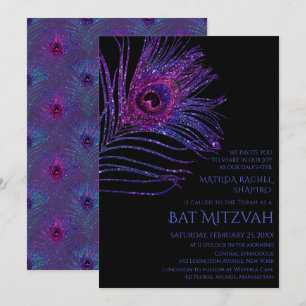 Peacock Feather Glitter Purple Bat Mitzvah Logo Invitation