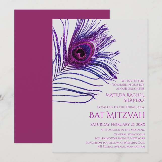 Peacock Feather Glitter Purple Bat Mitzvah Logo Invitation (Front/Back)