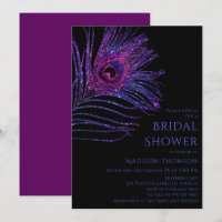 Peacock Feather Glitter Purple Bridal Shower Invit