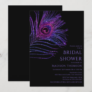 Peacock Feather Glitter Purple Bridal Shower Invit Invitation