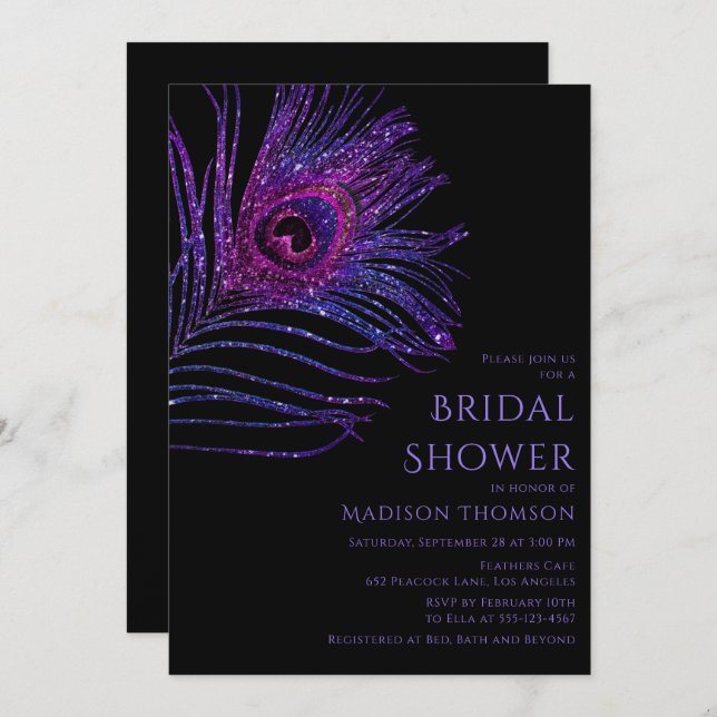 Peacock Feather Glitter Purple Bridal Shower Invit Invitation (Front/Back)