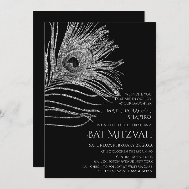 Peacock Feather Glitter Silver Bat Mitzvah Logo Invitation (Front/Back)