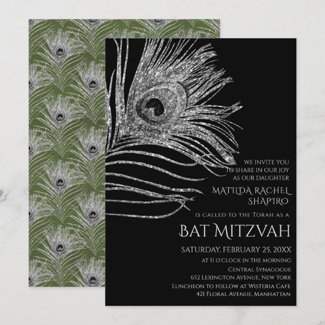 Peacock Feather Glitter Silver Bat Mitzvah Logo Invitation (Front/Back)
