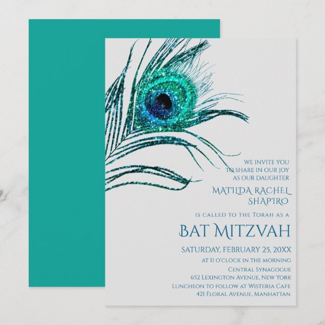 Peacock Feather Glitter Turquoise Bat Mitzvah Logo Invitation (Front/Back)