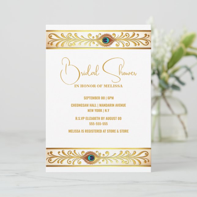 Peacock feather gold band minimalist elegant invitation (Standing Front)