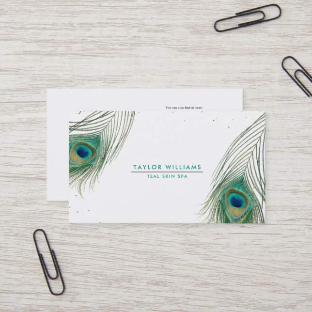 Peacock Feather & Gold Dots Boho Glam Elegant Business Card (Front/Back In Situ)