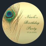 Peacock Feather Gold Exotic Boho Chic Custom Favou Classic Round Sticker<br><div class="desc">Peacock Feather Gold Exotic Boho Chic Custom Favour Stickers. Customise with any text you want.</div>