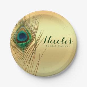 Peacock Feather Gold Exotic Boho Chic Custom Party Paper Plate