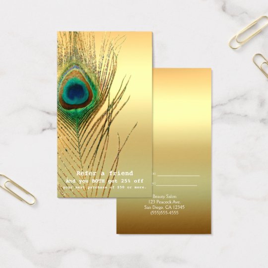 Peacock Feather Gold Exotic Boho Refer A Friend Business Card