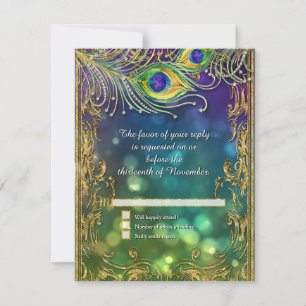 Peacock Feather Gold Glitter Jewelled Wedding RSVP