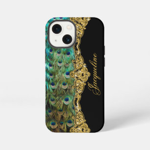 Peacock Feather Gold Glitter Vintage Script Name iPhone 13 Mini Case