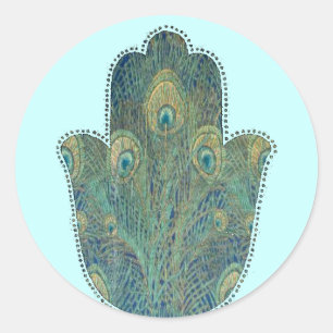 Peacock Feather Hamsa Boho Judaica Classic Round Sticker