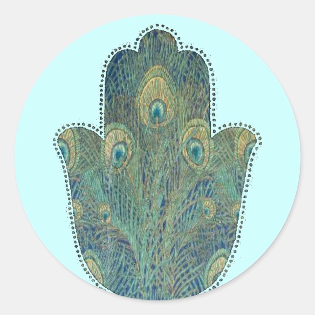 Peacock Feather Hamsa  Boho Judaica Classic Round Sticker (Front)