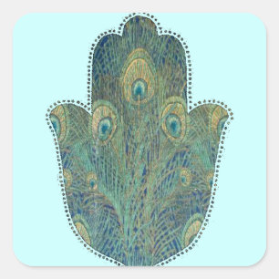 Peacock Feather Hamsa Boho Judaica Square Sticker