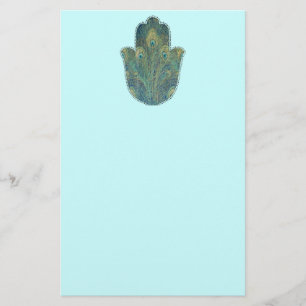 Peacock Feather Hamsa Boho Judaica Stationery