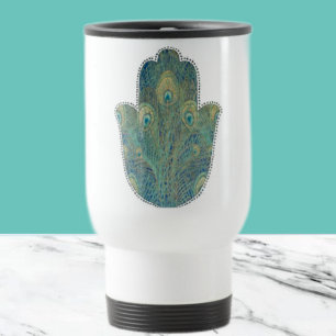 Peacock Feather Hamsa Boho Judaica Travel Mug