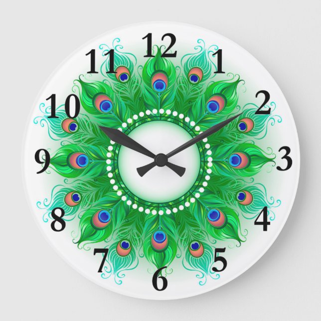 Peacock Feather Home Decor Large Clock (Front)