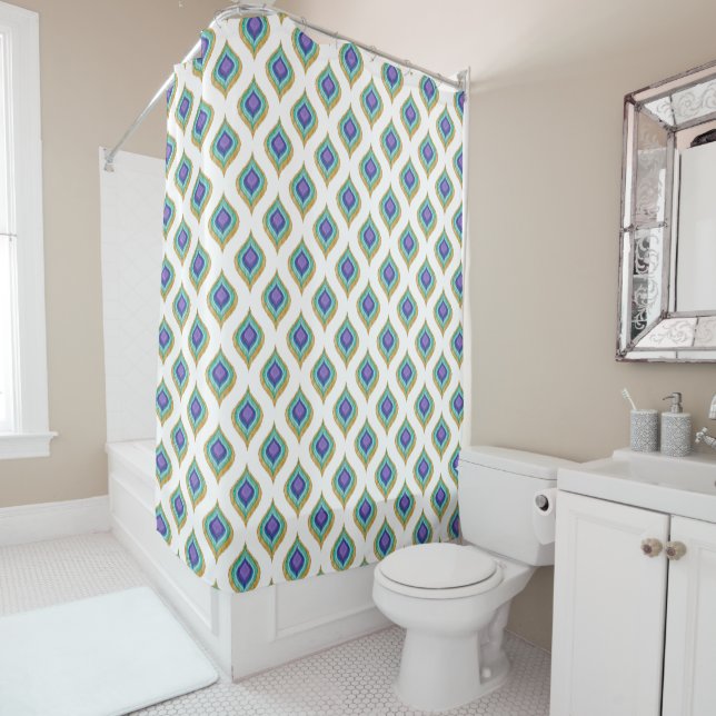 Peacock Feather Ikat Pattern Shower Bath Decor Shower Curtain (In Situ)