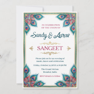Peacock Feather Invitation Sangeet Teal Pink