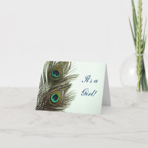 Peacock Feather It's A Girl Baby Announcement Card