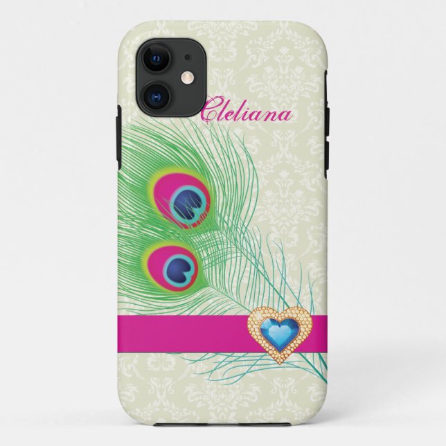 Peacock feather jewel heart custom Case-Mate iPhone case (Back)