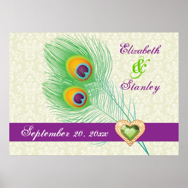 Peacock feather jewel heart wedding anniversary poster (Front)