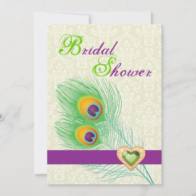 Peacock feather jewel heart wedding bridal shower invitation (Front)