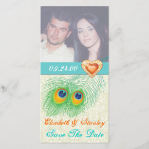 Peacock feather jewel heart wedding Save the Date