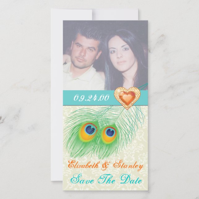 Peacock feather jewel heart wedding Save the Date (Front)