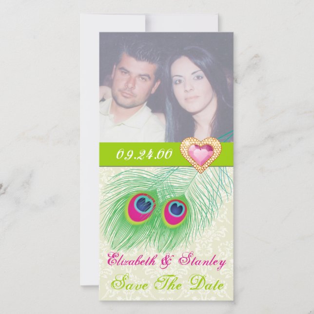 Peacock feather jewel heart wedding Save the Date (Front)