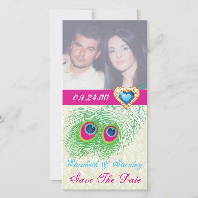 Peacock feather jewel heart wedding Save the Date (Front)