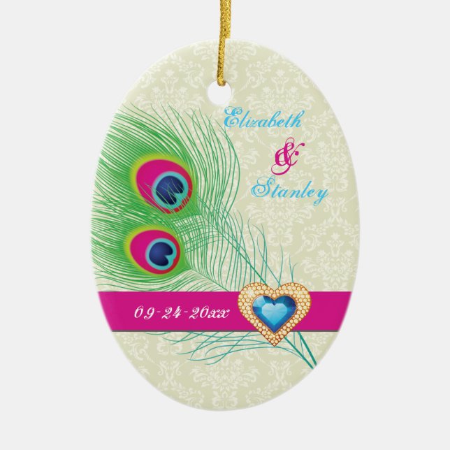 Peacock feather jewel heart wedding Save the Date Ceramic Tree Decoration (Front)