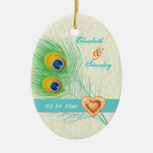 Peacock feather jewel heart wedding Save the Date Ceramic Tree Decoration