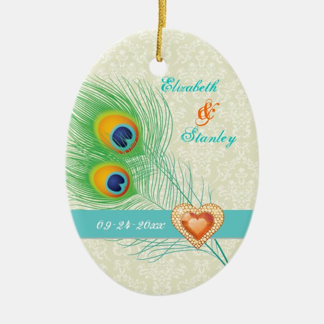 Peacock feather jewel heart wedding Save the Date Ceramic Tree Decoration (Front)