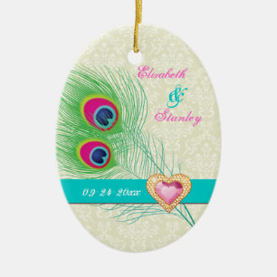 Peacock feather jewel heart wedding Save the Date Ceramic Tree Decoration