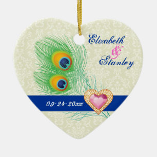 Peacock feather jewel heart wedding Save the Date Ceramic Tree Decoration