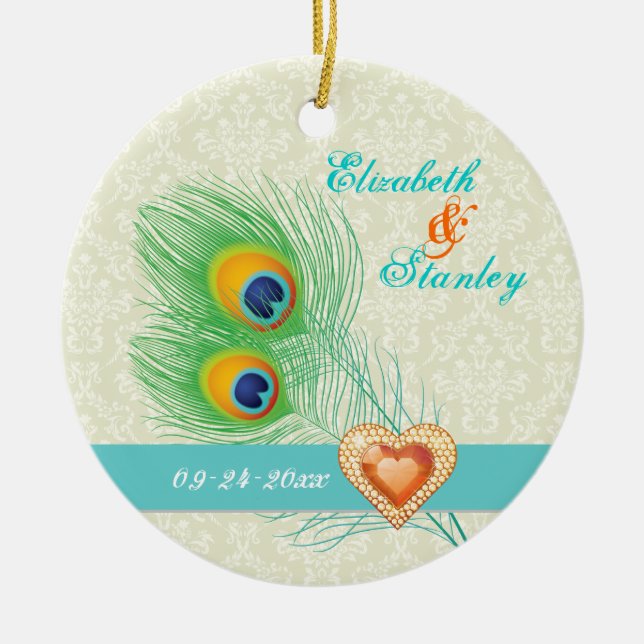 Peacock feather jewel heart wedding Save the Date Ceramic Tree Decoration (Front)