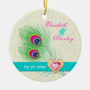 Peacock feather jewel heart wedding Save the Date Ceramic Tree Decoration