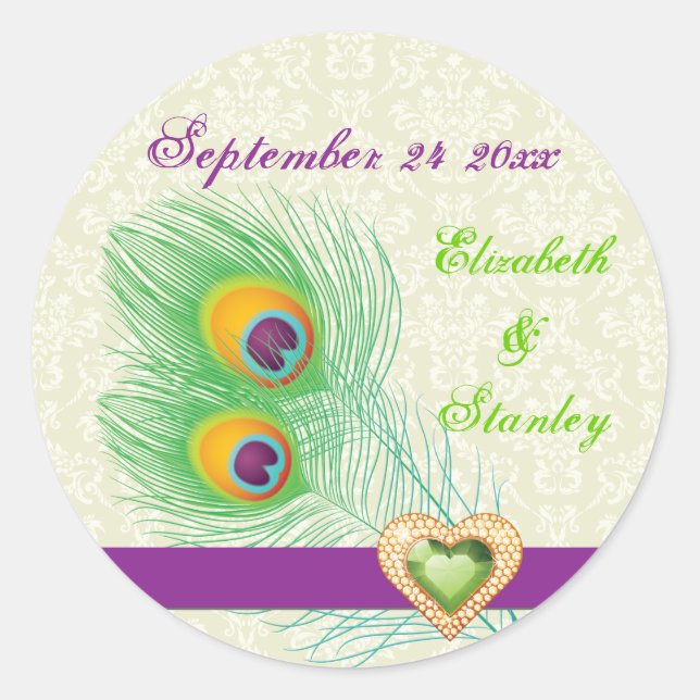Peacock feather jewel heart wedding Save the Date Classic Round Sticker (Front)