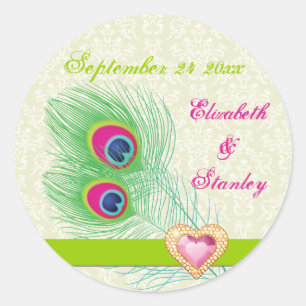 Peacock feather jewel heart wedding Save the Date Classic Round Sticker