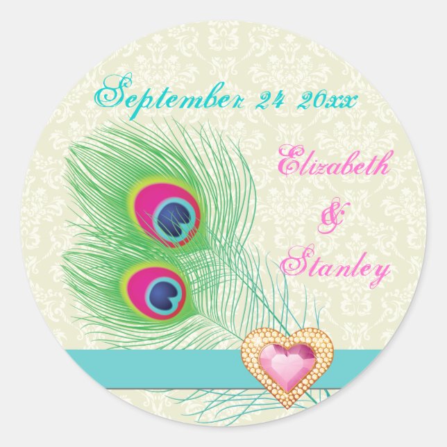 Peacock feather jewel heart wedding Save the Date Classic Round Sticker (Front)