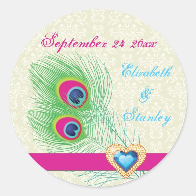 Peacock feather jewel heart wedding Save the Date Classic Round Sticker (Front)