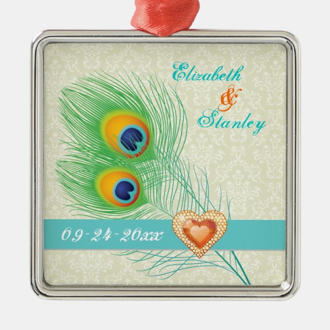 Peacock feather jewel heart wedding Save the Date Metal Tree Decoration (Front)