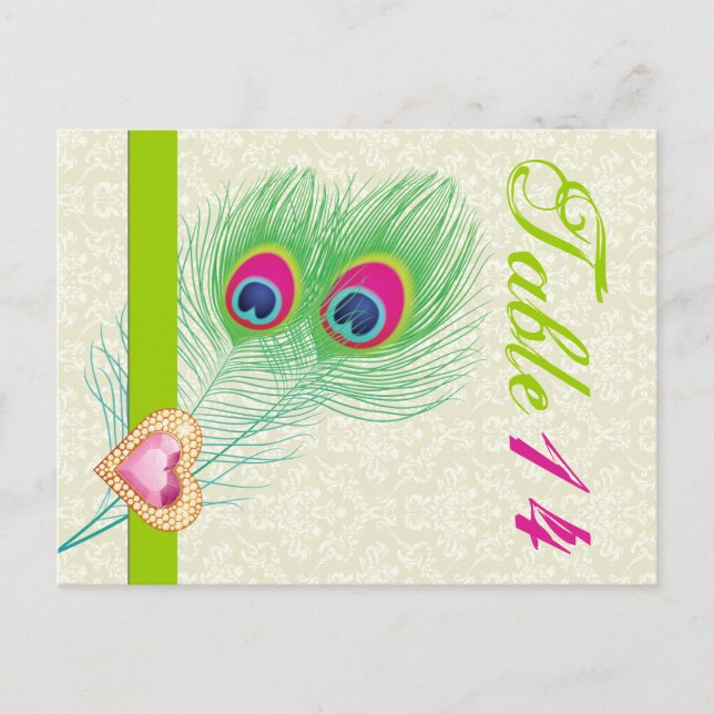 Peacock feather jewel heart wedding table number postcard (Front)
