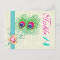 Peacock feather jewel heart wedding table number