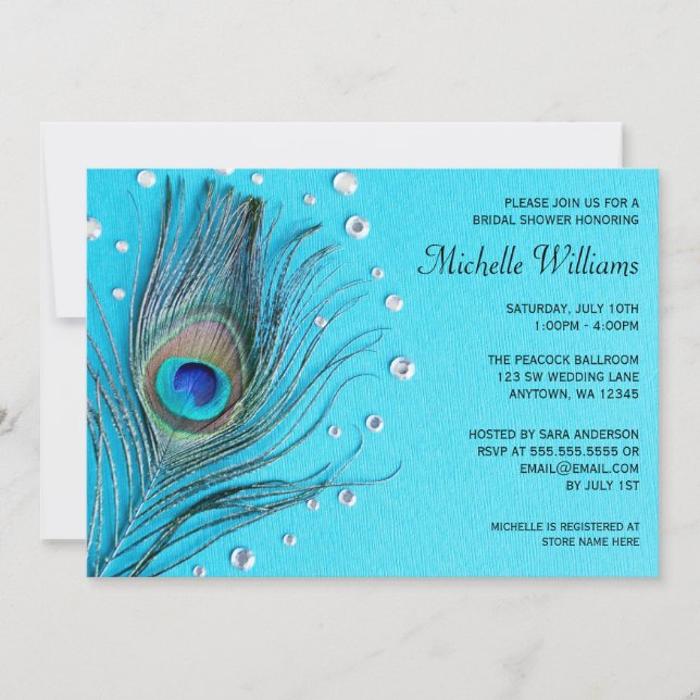 Peacock Feather Jewels Aqua Bridal Shower Invitation (Front)