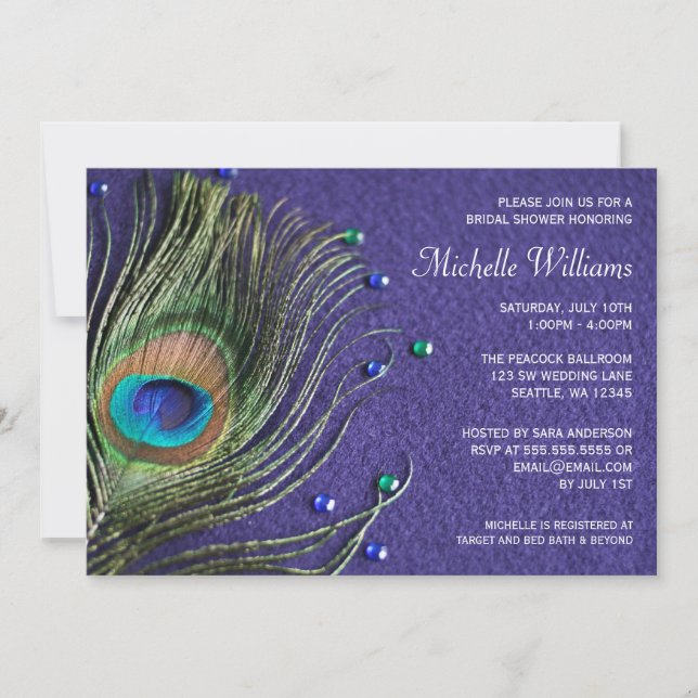 Peacock Feather Jewels Purple Bridal Shower Invitation (Front)